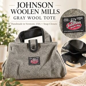 Johnson Woolen Mills Gray Wool Handbag Tote Handmade in USA Vermont Snap Closure
